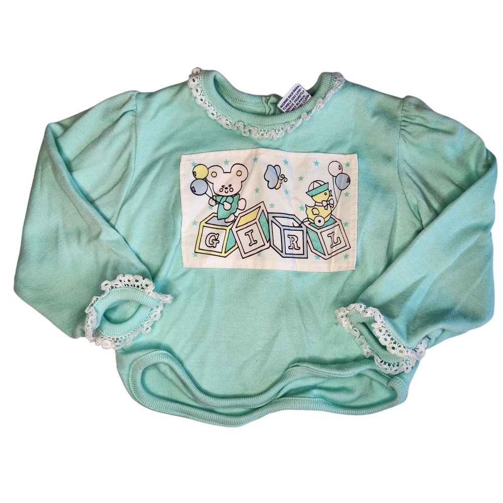 DOE-SPUN Toy Blocks Sweater Baby Girl 6-9 Months Green Layette Sweatshirt VTG